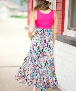Beeson River Dresses Hot Pink Multicolor Leaf Print Maxi Dress