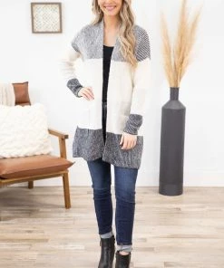 Staccato Charcoal And Ivory Striped Colorblock Cardigan
