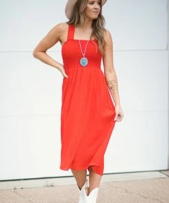 Gilli Red Smocked Bodice Midi Dress Dresses