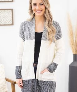 Staccato Charcoal And Ivory Striped Colorblock Cardigan