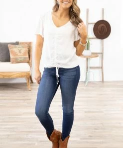 Gee Gee Off White Textured Ruched Front Top Tops