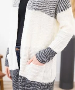 Staccato Charcoal And Ivory Striped Colorblock Cardigan