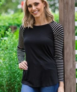 Hailey And Co Black And White Stripe Sleeve Elbow Patch Top