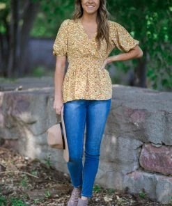 Staccato Tops Mustard Ditsy Floral Smocked Waist Peplum Top