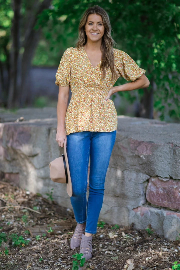Staccato Tops Mustard Ditsy Floral Smocked Waist Peplum Top 4 Staccato Tops Mustard Ditsy Floral Smocked Waist Peplum Top