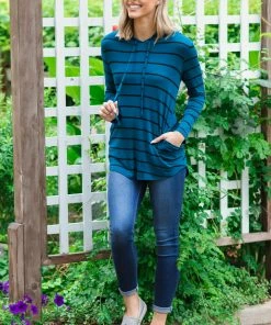 Brenda's Fashion Teal And Black Stripe Top With Elbow Patch Tops