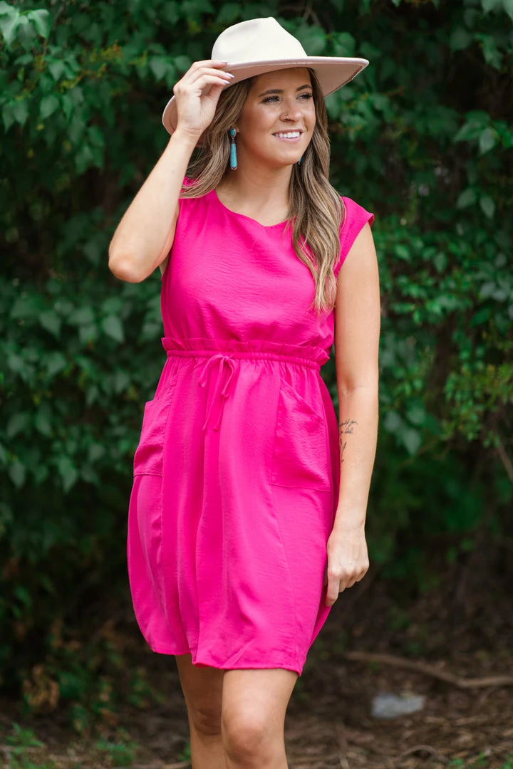 Gilli Hot Pink Tie Waist Knit Dress With Pockets Dresses 3 Gilli Hot Pink Tie Waist Knit Dress With Pockets Dresses