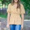 Staccato Tops Mustard Ditsy Floral Smocked Waist Peplum Top
