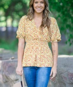 Staccato Tops Mustard Ditsy Floral Smocked Waist Peplum Top