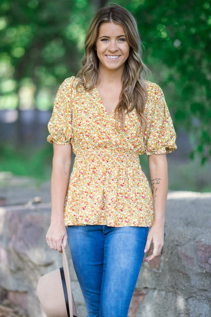 Staccato Tops Mustard Ditsy Floral Smocked Waist Peplum Top 3 Staccato Tops Mustard Ditsy Floral Smocked Waist Peplum Top