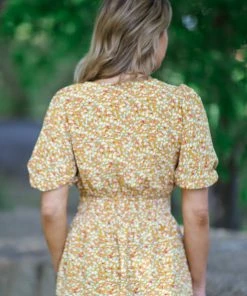 Staccato Tops Mustard Ditsy Floral Smocked Waist Peplum Top 7 Staccato Tops Mustard Ditsy Floral Smocked Waist Peplum Top