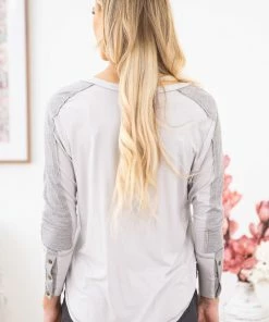 143 Story Light Grey Two Tone V-Neck Long Sleeve Top