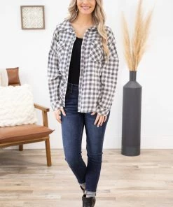 Heyson Grey And Cream Plaid Button Up With Pockets