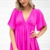She & Sky Tops Fuchsia Flutter Sleeve V-Neck Tunic Top