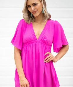 She & Sky Tops Fuchsia Flutter Sleeve V-Neck Tunic Top