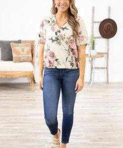 Tua Fashion, INC. Cream Multicolor Surplice Front Floral Top