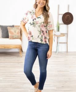 Tua Fashion, INC. Cream Multicolor Surplice Front Floral Top