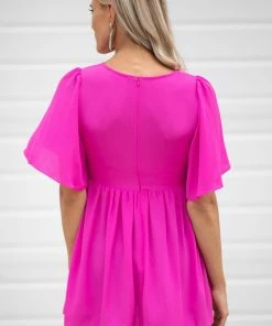 She & Sky Tops Fuchsia Flutter Sleeve V-Neck Tunic Top