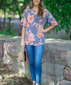 WHOLE SALE FASHION TRENDS Tops Grey And Orange Floral Bell Sleeve Top