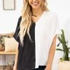 Jodifl Black And Off White Colorblock V-Neck Top SHORT SLEEVES