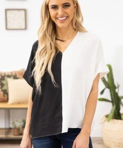 Jodifl Black And Off White Colorblock V-Neck Top SHORT SLEEVES