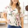 Tua Fashion, INC. Cream Multicolor Surplice Front Floral Top