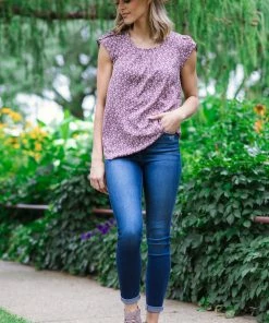 Solution Tops Mauve Multicolor Ditsy Floral Cap Sleeve Top