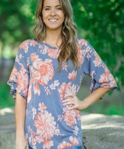 WHOLE SALE FASHION TRENDS Tops Grey And Orange Floral Bell Sleeve Top