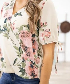 Tua Fashion, INC. Cream Multicolor Surplice Front Floral Top
