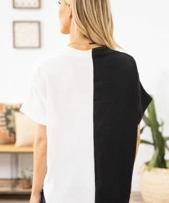 Jodifl Black And Off White Colorblock V-Neck Top SHORT SLEEVES