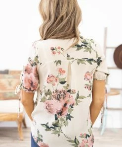 Tua Fashion, INC. Cream Multicolor Surplice Front Floral Top