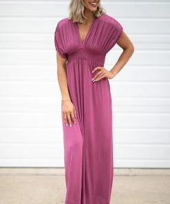 Emerald Berry Smocked Waist Ruched Sleeve Maxi