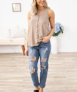 PS KATE Mocha Thin Stripe Tank With Button Detail TANK TOPS