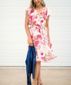 DRESS CODE Peach And Pink Floral Surplice Front Dress
