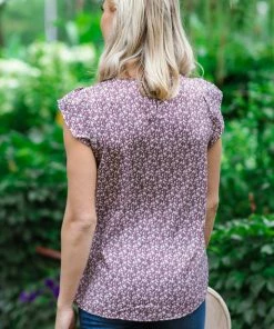 Solution Tops Mauve Multicolor Ditsy Floral Cap Sleeve Top