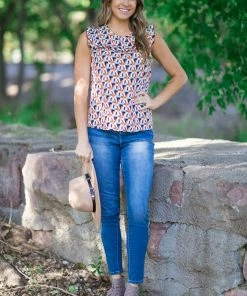 Together Clothing Brown Multicolor Geometric Ruffle Trim Top Tops