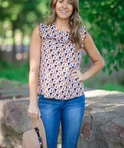 Together Clothing Brown Multicolor Geometric Ruffle Trim Top Tops