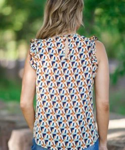 Together Clothing Brown Multicolor Geometric Ruffle Trim Top Tops