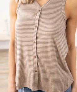 PS KATE Mocha Thin Stripe Tank With Button Detail TANK TOPS