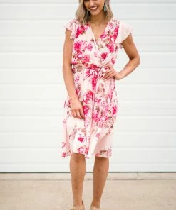 DRESS CODE Peach And Pink Floral Surplice Front Dress