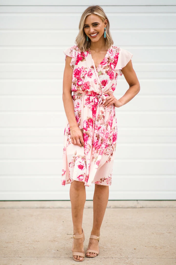 DRESS CODE Peach And Pink Floral Surplice Front Dress 4 DRESS CODE Peach And Pink Floral Surplice Front Dress
