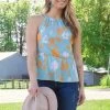 Gilli Tops Turquoise And Orange Floral Print Ruffle Trim Tank