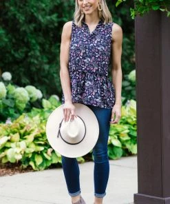 FSL Apparel Navy Multicolor Floral Notch Neck Tank