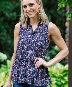 FSL Apparel Navy Multicolor Floral Notch Neck Tank