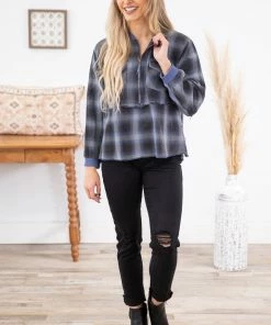 Heyson Charcoal And Blue Plaid 1/4 Zip Pullover