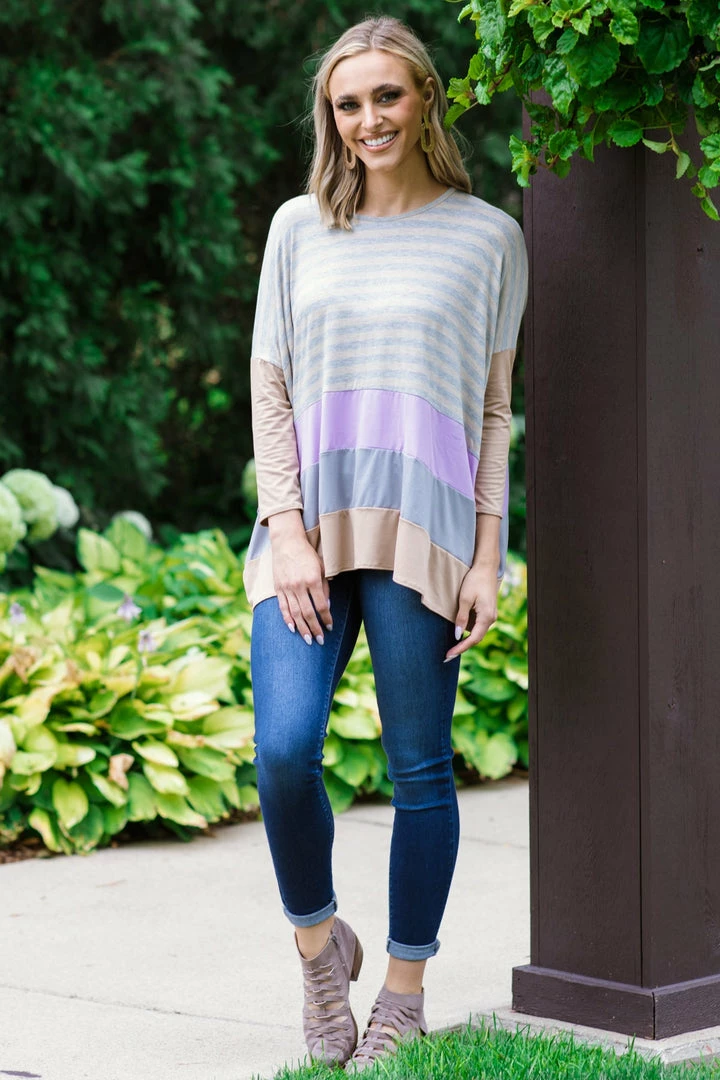 SOL RHR Tan And Lavender Colorblock Stripe Top Tops 4 SOL RHR Tan And Lavender Colorblock Stripe Top Tops