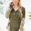 Macaron LONG SLEEVES Olive Reverse Seam Floral Sleeve Top