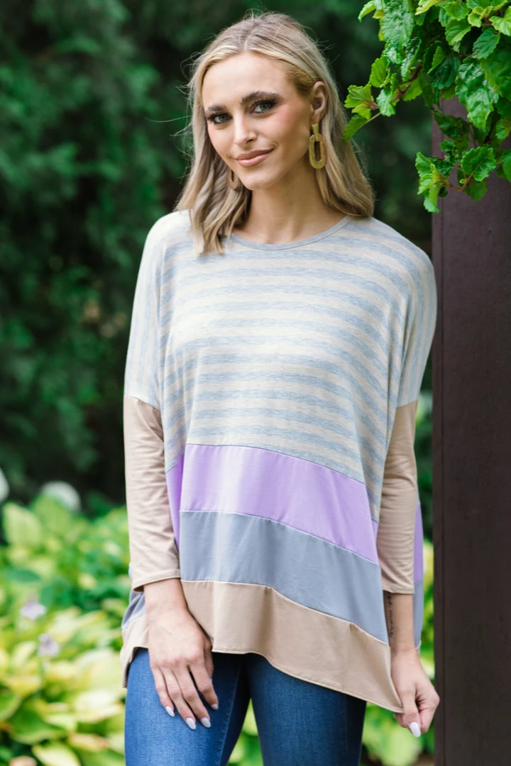SOL RHR Tan And Lavender Colorblock Stripe Top Tops 3 SOL RHR Tan And Lavender Colorblock Stripe Top Tops