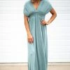 Emerald Dresses Sage Smocked Waist Ruched Sleeve Maxi Dress