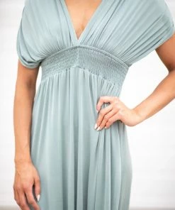 Emerald Dresses Sage Smocked Waist Ruched Sleeve Maxi Dress